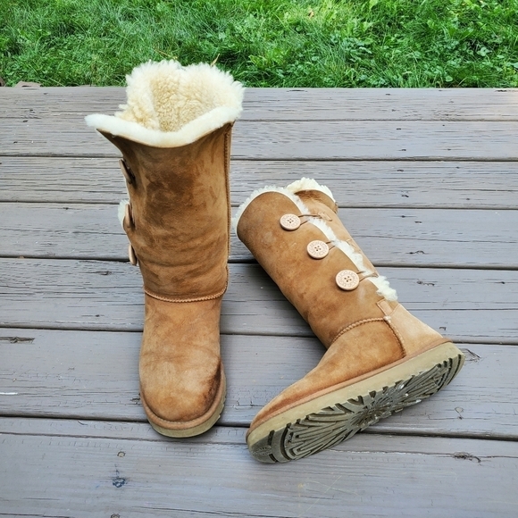 UGG Bailey Button Triplet Chestnut Suede Sheepskin Shearling Tall Fold Over Boot - Picture 9 of 10